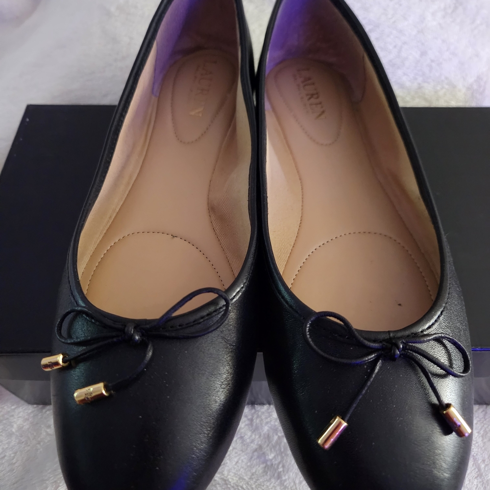 Ralph Lauren Black Leather Flats with Gold Accents